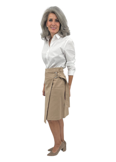 Asymmetric Wrap Midi Skirt in Beige Twill