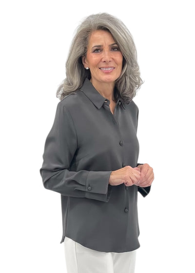 Lustrous Slate Silk Tailored Button Down Shirt in Slate