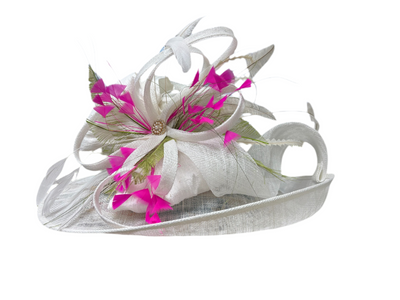 Large Brim off White Sinamay Straw with Pink and Green Feathers