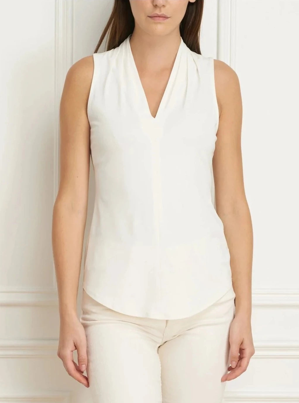 Matte Jersey Sleeveless Pleated V-Neck Top in Ivory