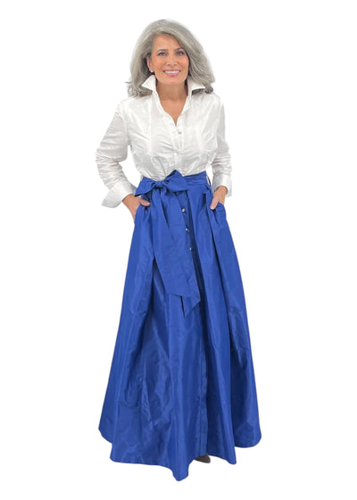 BB Brittany Silk Taffeta Shirt Gown in White/Navy