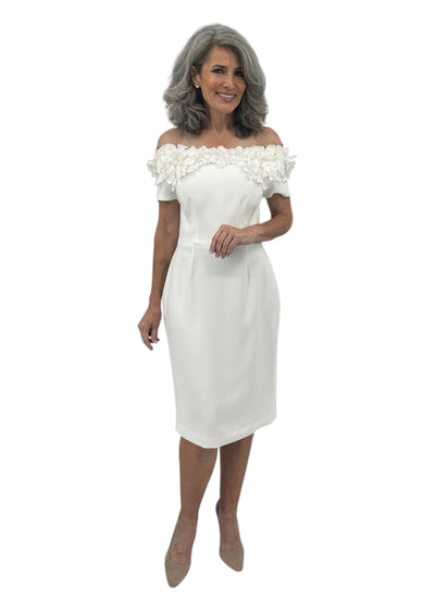 Off Shoulder Rose Garden Techno Crepe Dress w/ Hibiscus Flowers in White