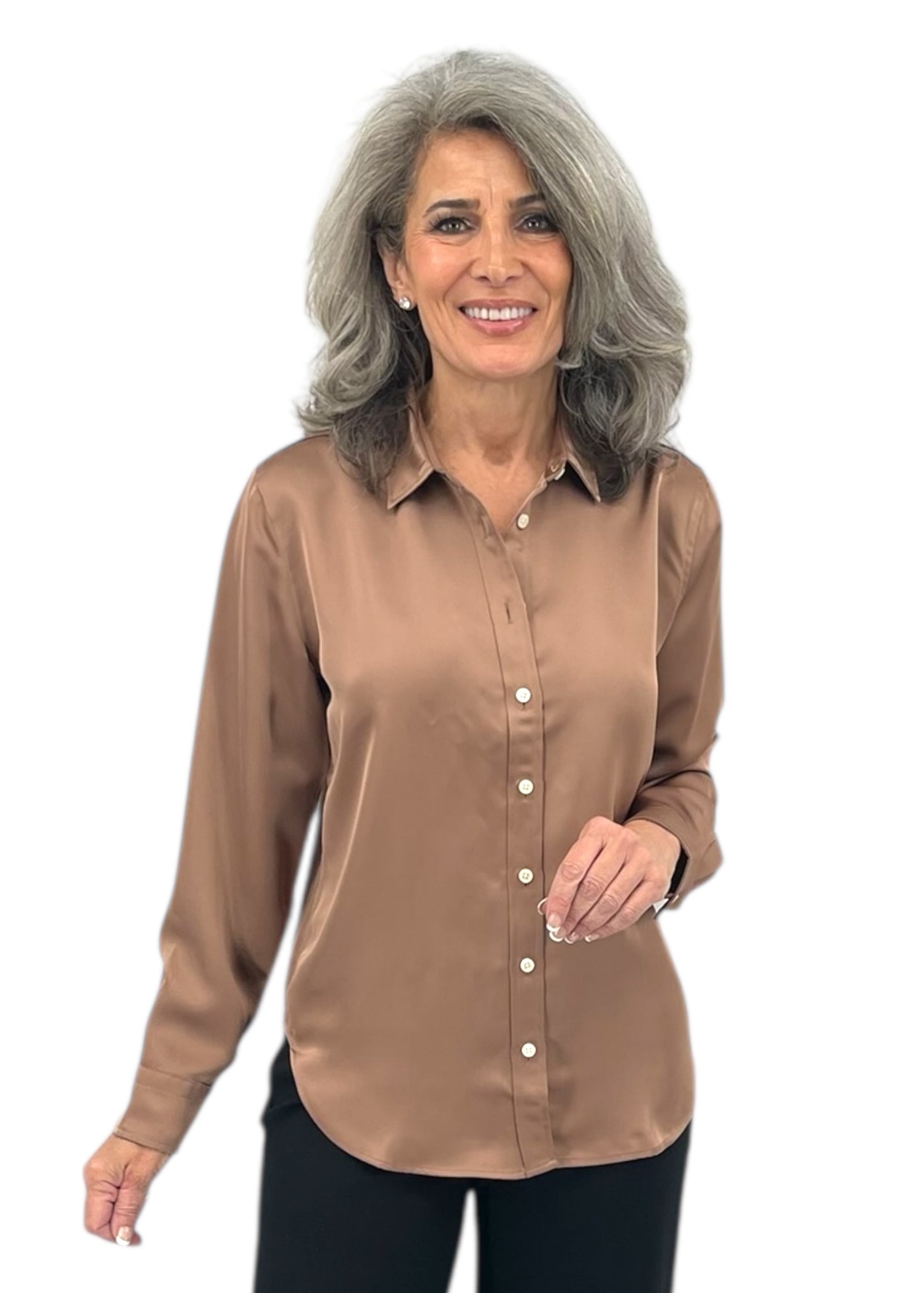 Silky Smooth Button Down Blouse in Cafe Au Lait