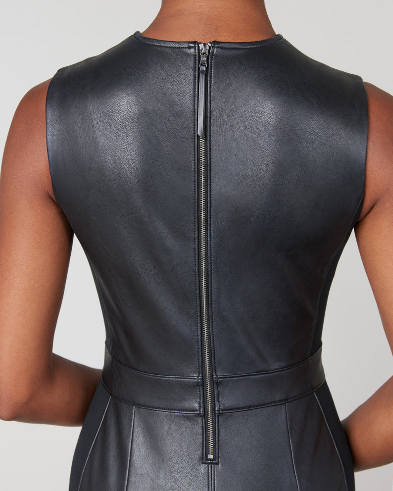 Leather-Like Combo Fitted Dress - Classic Black