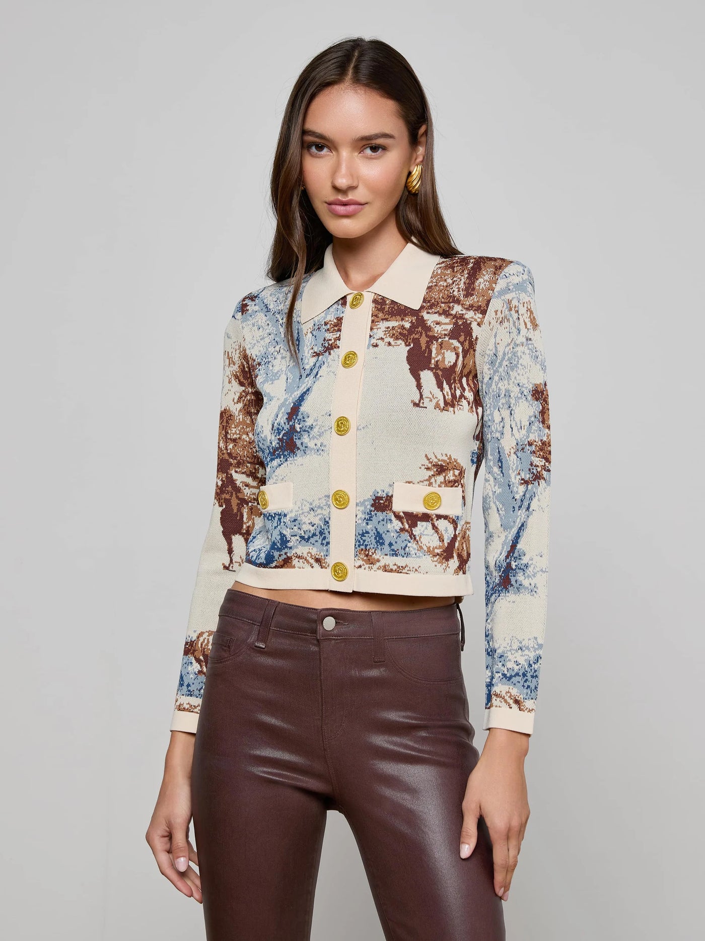 Osiris Jacquard Cardigan in Tan Multi Western Toile
