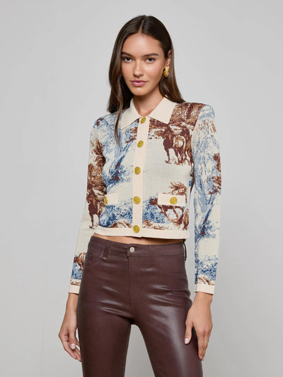 Osiris Jacquard Cardigan in Tan Multi Western Toile