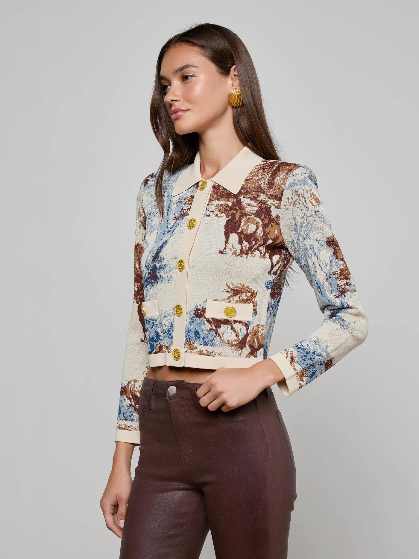 Osiris Jacquard Cardigan in Tan Multi Western Toile