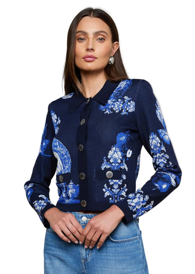 Osiris Jacquard Cardigan in Black/Blue Large Porcelain