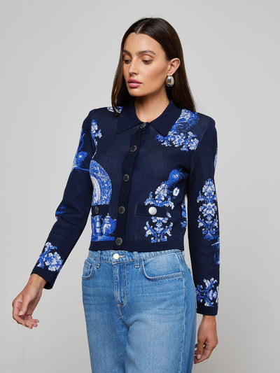 Osiris Jacquard Cardigan in Black/Blue Large Porcelain