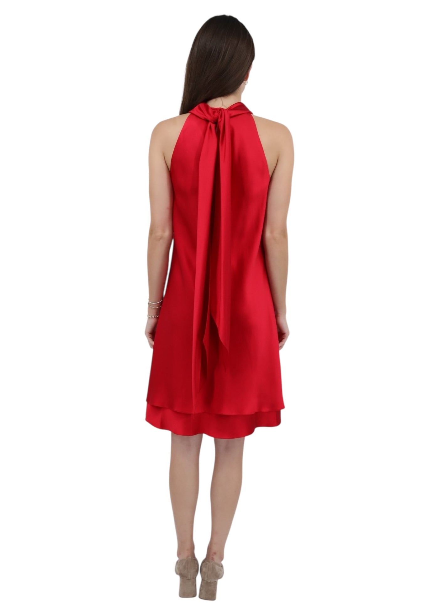 Satin Back Crepe Halter Dress in Red