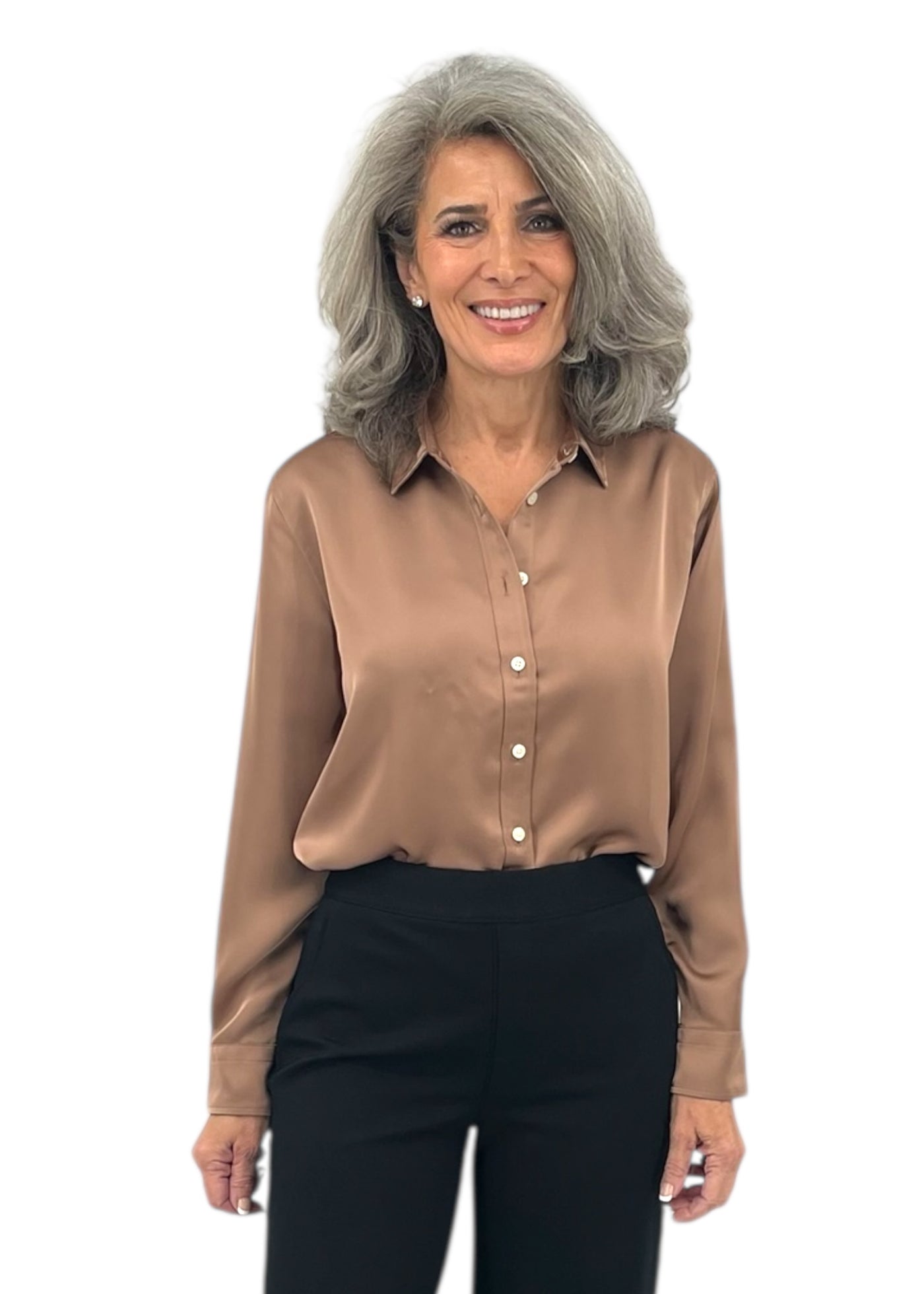 Silky Smooth Button Down Blouse in Cafe Au Lait
