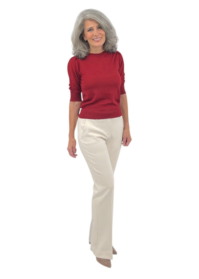 Fine Merino Blend Sweater with Ruched Sleeve in Cherry Red