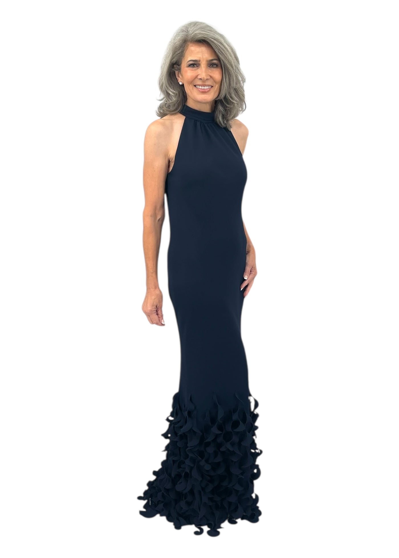T-Neck Bias Sheath Gown with Spiral Hem in Navy