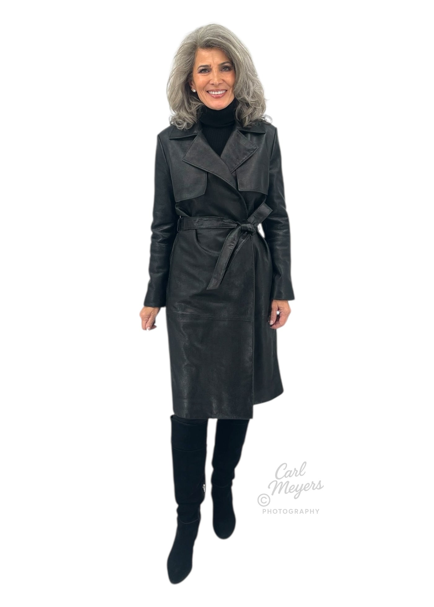 Notch Collar Metallic Suede Trench Coat in Black