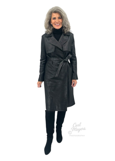 Notch Collar Metallic Suede Trench Coat in Black