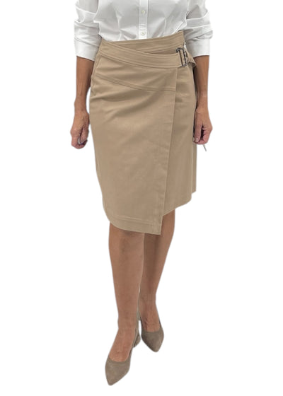 Asymmetric Wrap Midi Skirt in Beige Twill