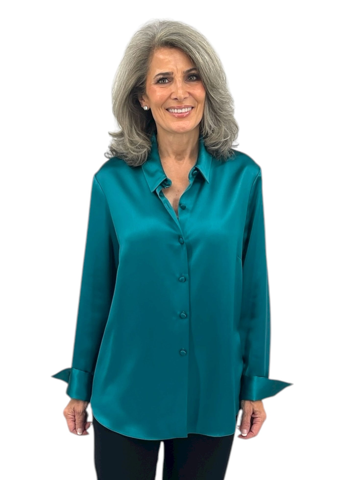 Satin Button Down Collared Blouse in Teal