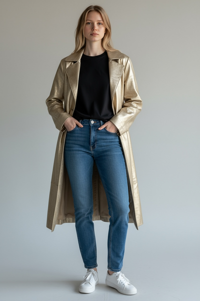 Notch Collar Metallic Suede Trench Coat in Gold