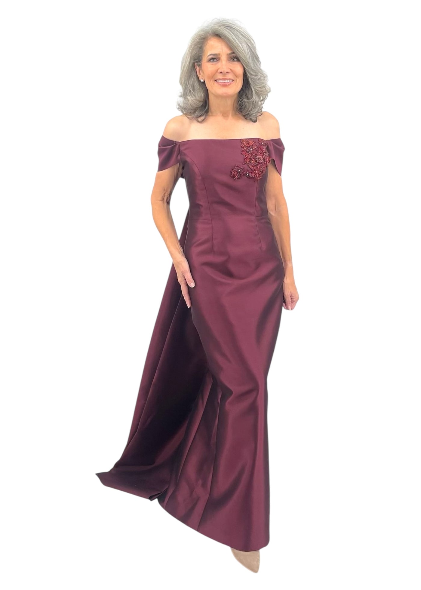 Off Shoulder Embroidery Trumpet Gown in Wine