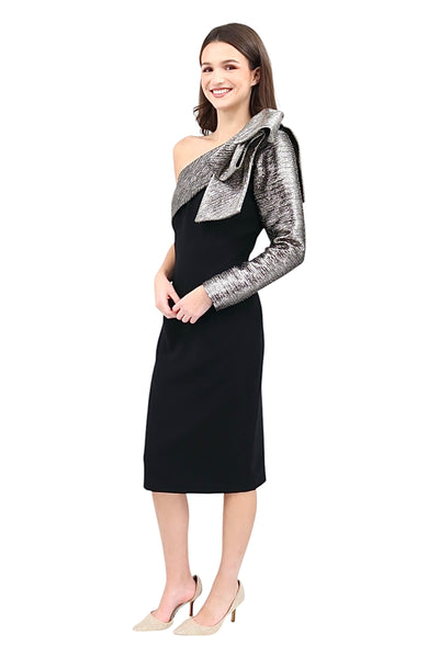 One Shoulder Bow Dress in Silver/Black