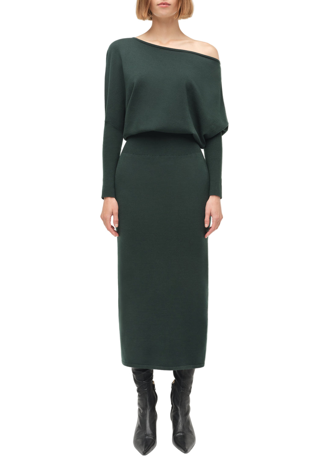 Janese Off Shoulder Midi Dress in Emerald Carl Meyers Janese Off Shoulder Midi Dress in Emerald Carl Meyers