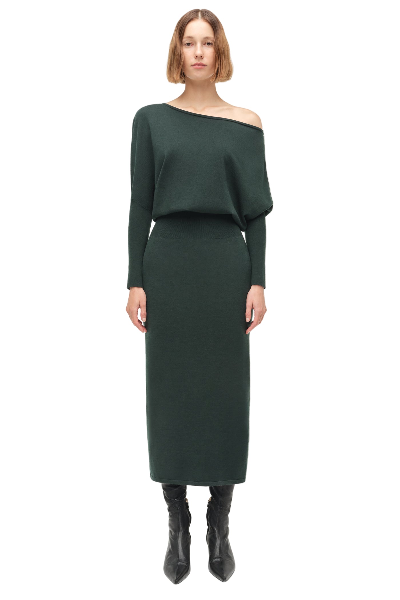 Janese Off Shoulder Midi Dress in Emerald