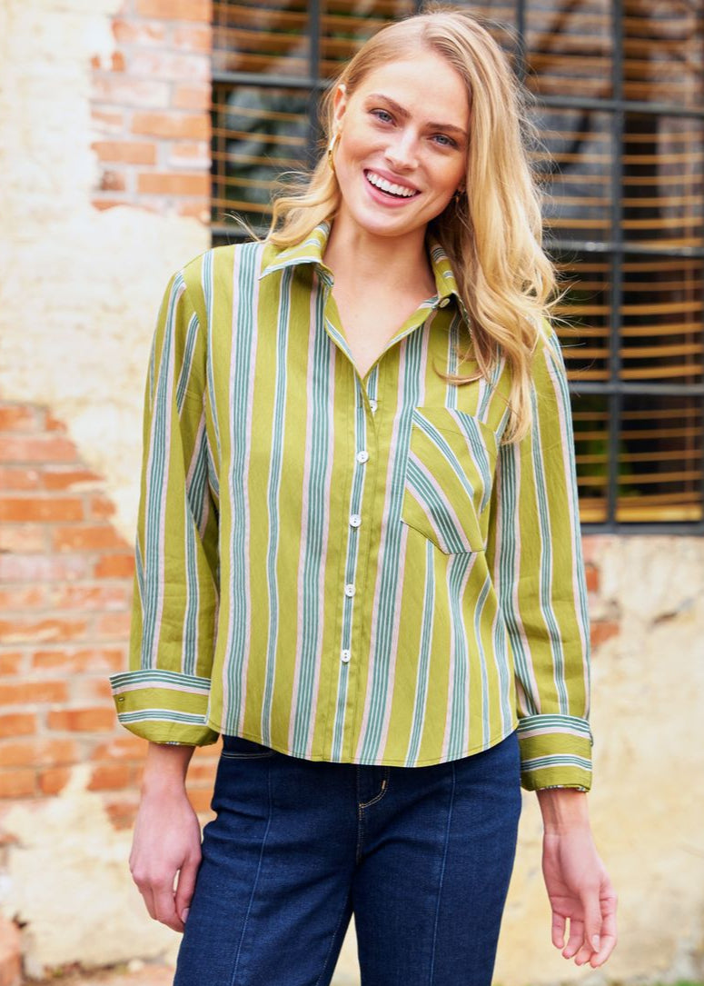 Cropped Andie Blouse in Green Stripe