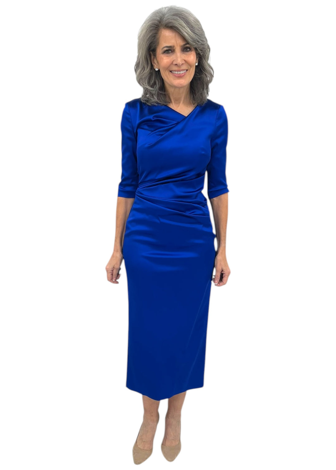 3/4 Sleeve Satin Duchesse Midi Dress in Royal Blue 8 / Blue / OS0003-08