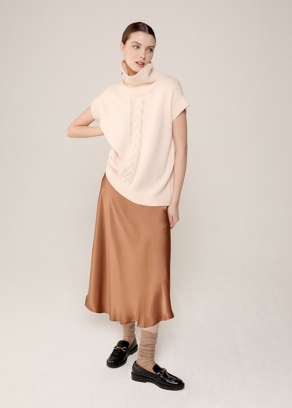 Cable Knit High Neck Top - Peach