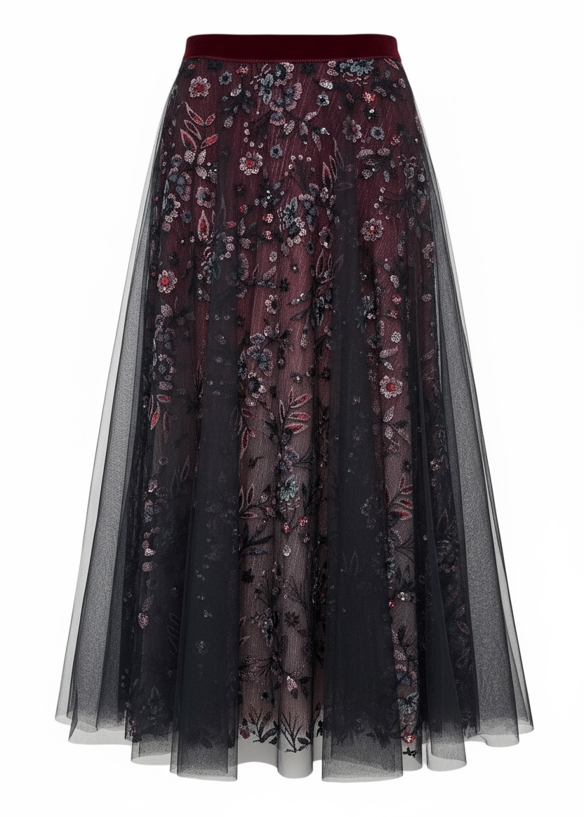 Sequin-Embellished Tulle Skirt in Plum/Black Sheer With Metallic Floral