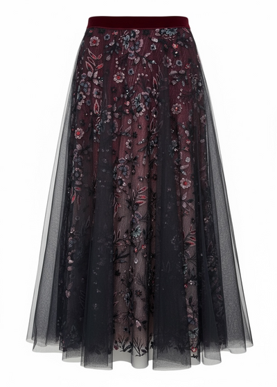 Sequin-Embellished Tulle Skirt in Plum/Black Sheer With Metallic Floral