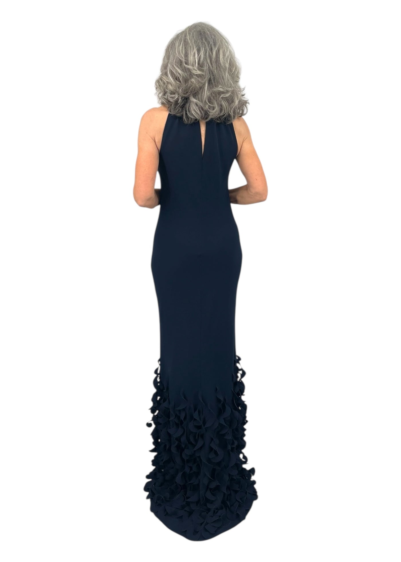 T-Neck Bias Sheath Gown with Spiral Hem in Navy