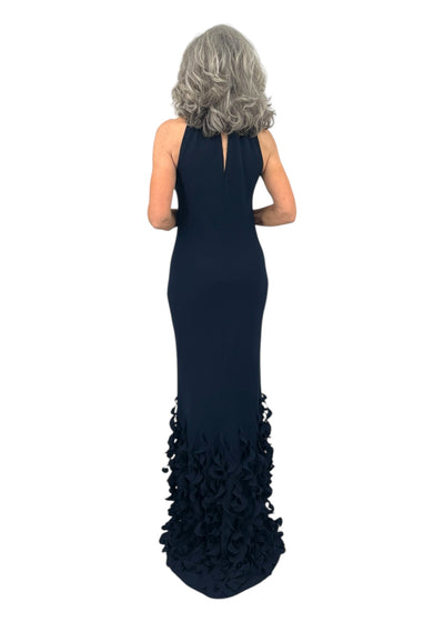 T-Neck Bias Sheath Gown with Spiral Hem in Navy