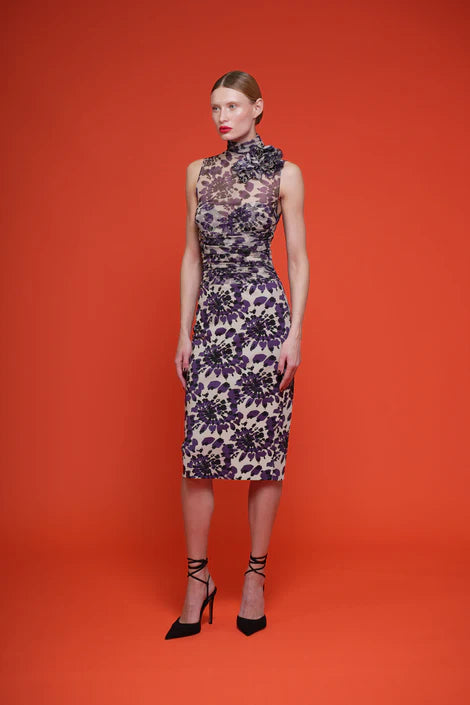 Vina Illusion Dress in Modern Flowers Sand