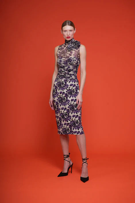 Vina Illusion Dress in Modern Flowers Sand