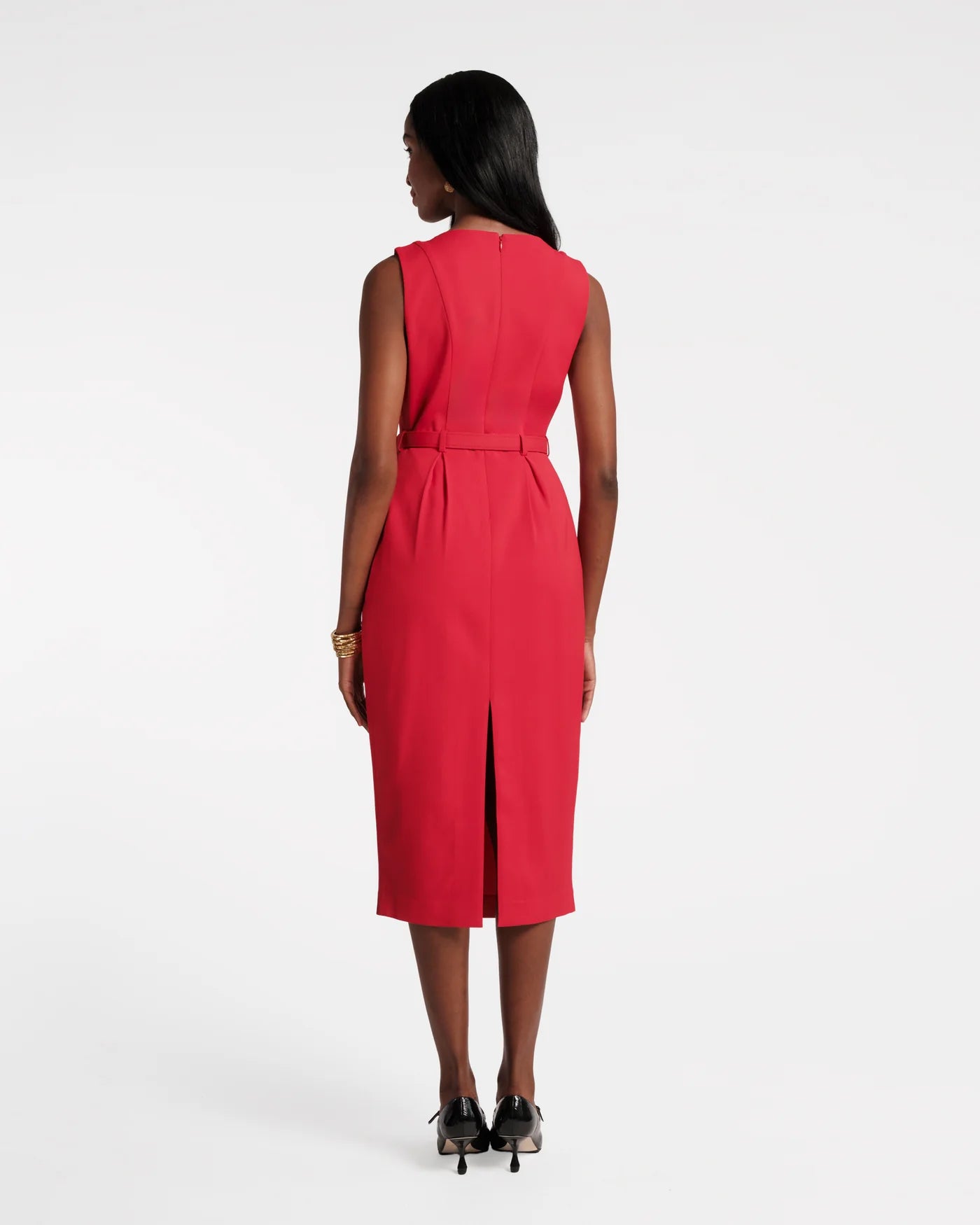 Audrey Belted Midi Dress in Red
