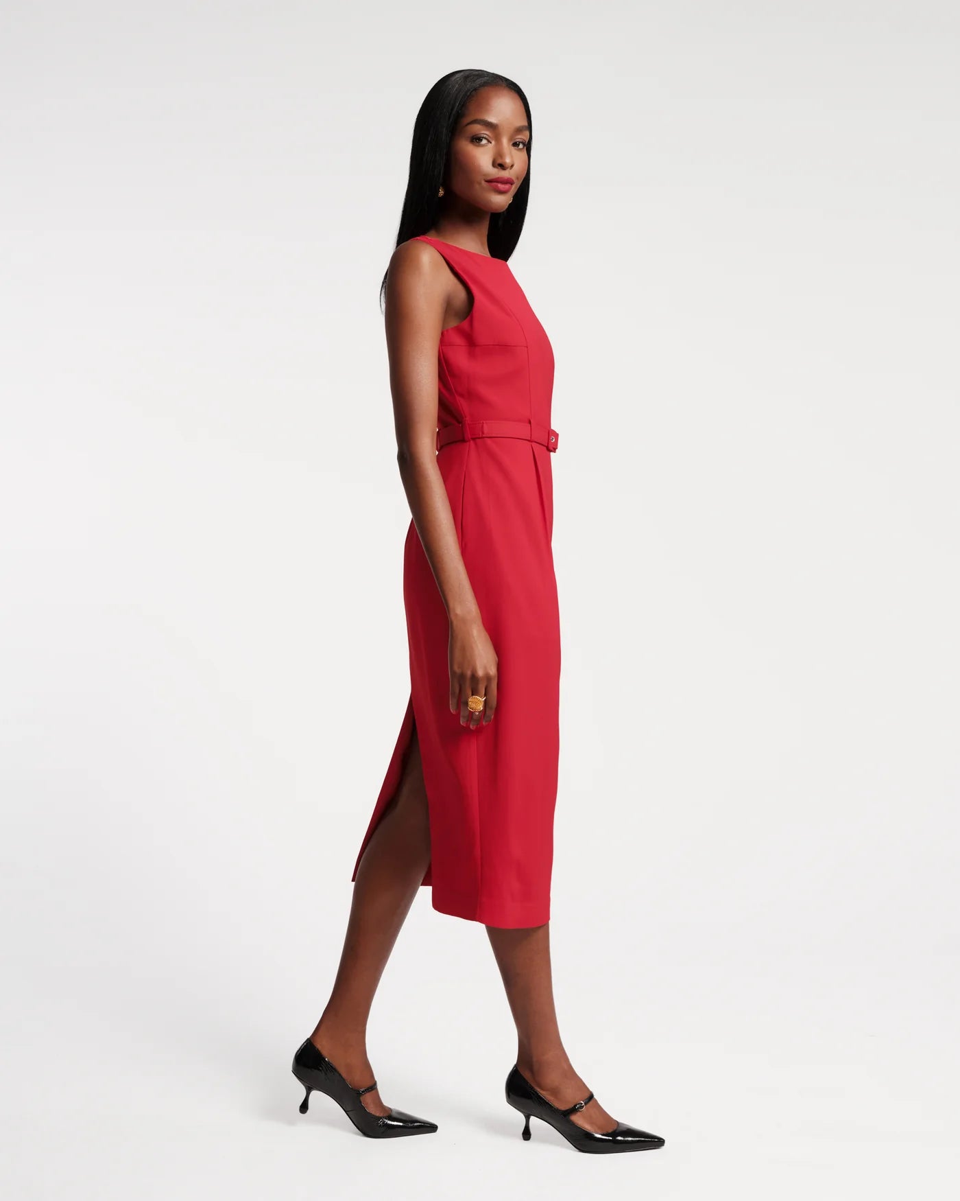 Audrey Belted Midi Dress in Red