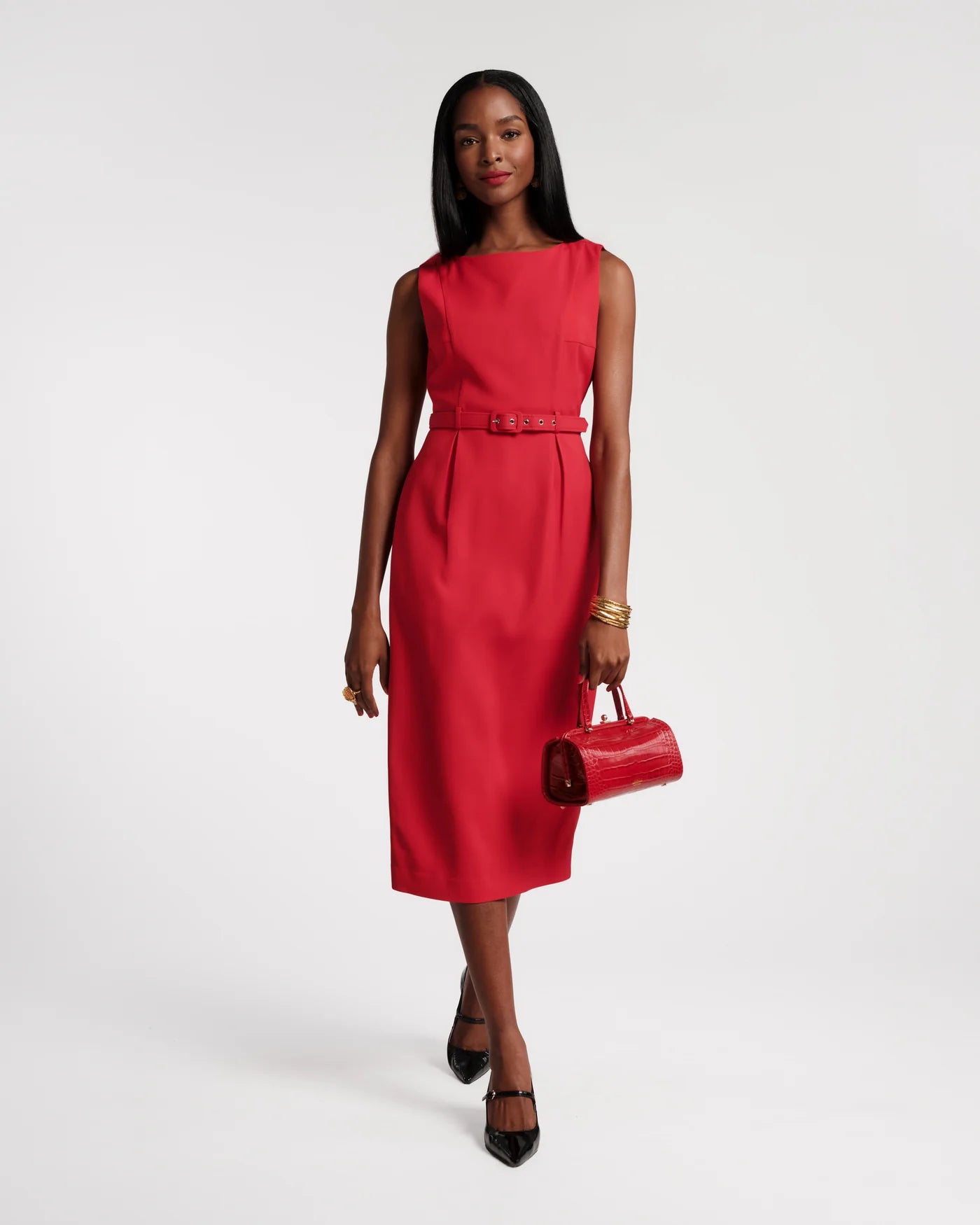 Audrey Belted Midi Dress in Red