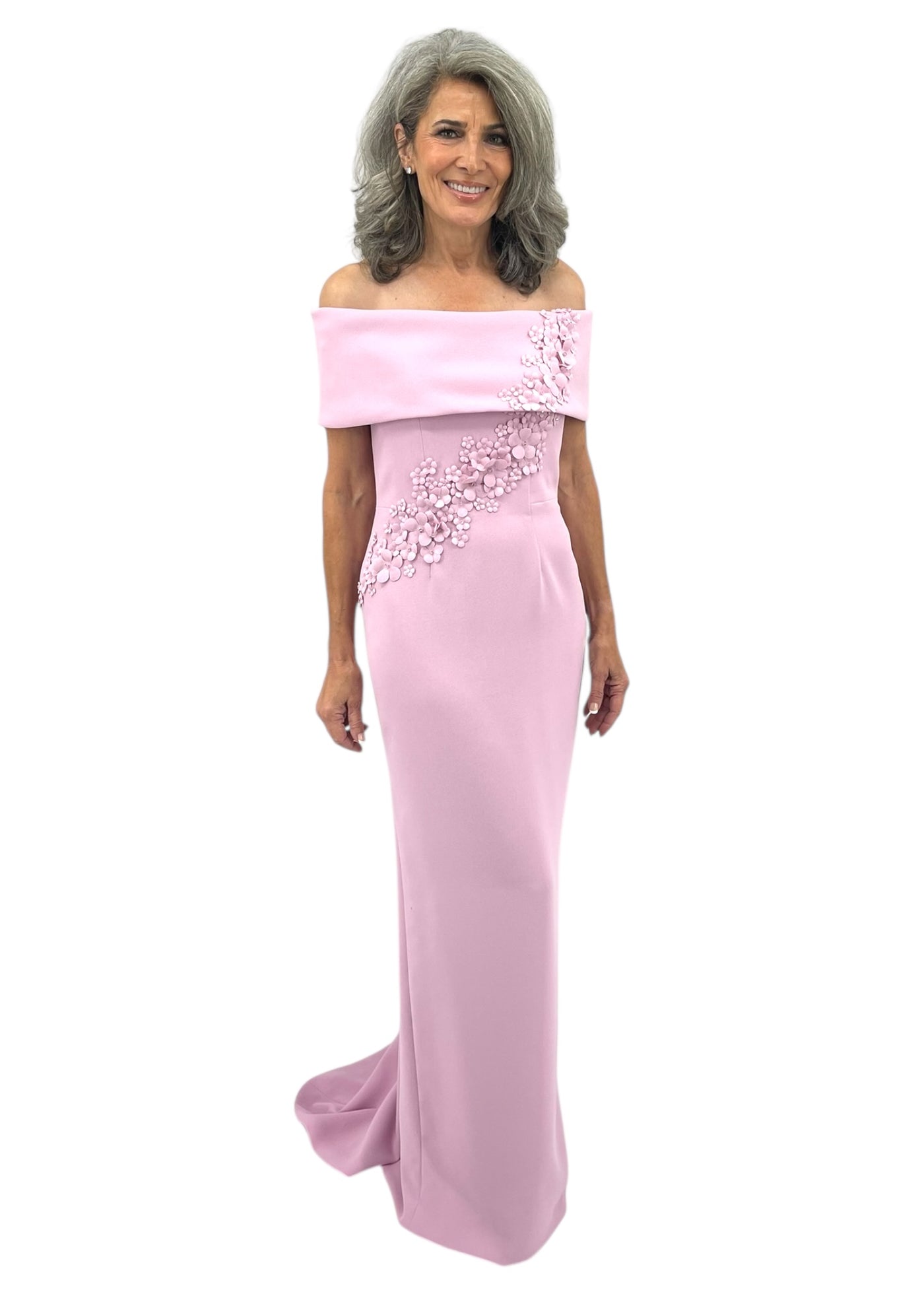 Off Shoulder Grace Sheath Gown with Partial Apple Blossom Spray and Crystals in Orchid