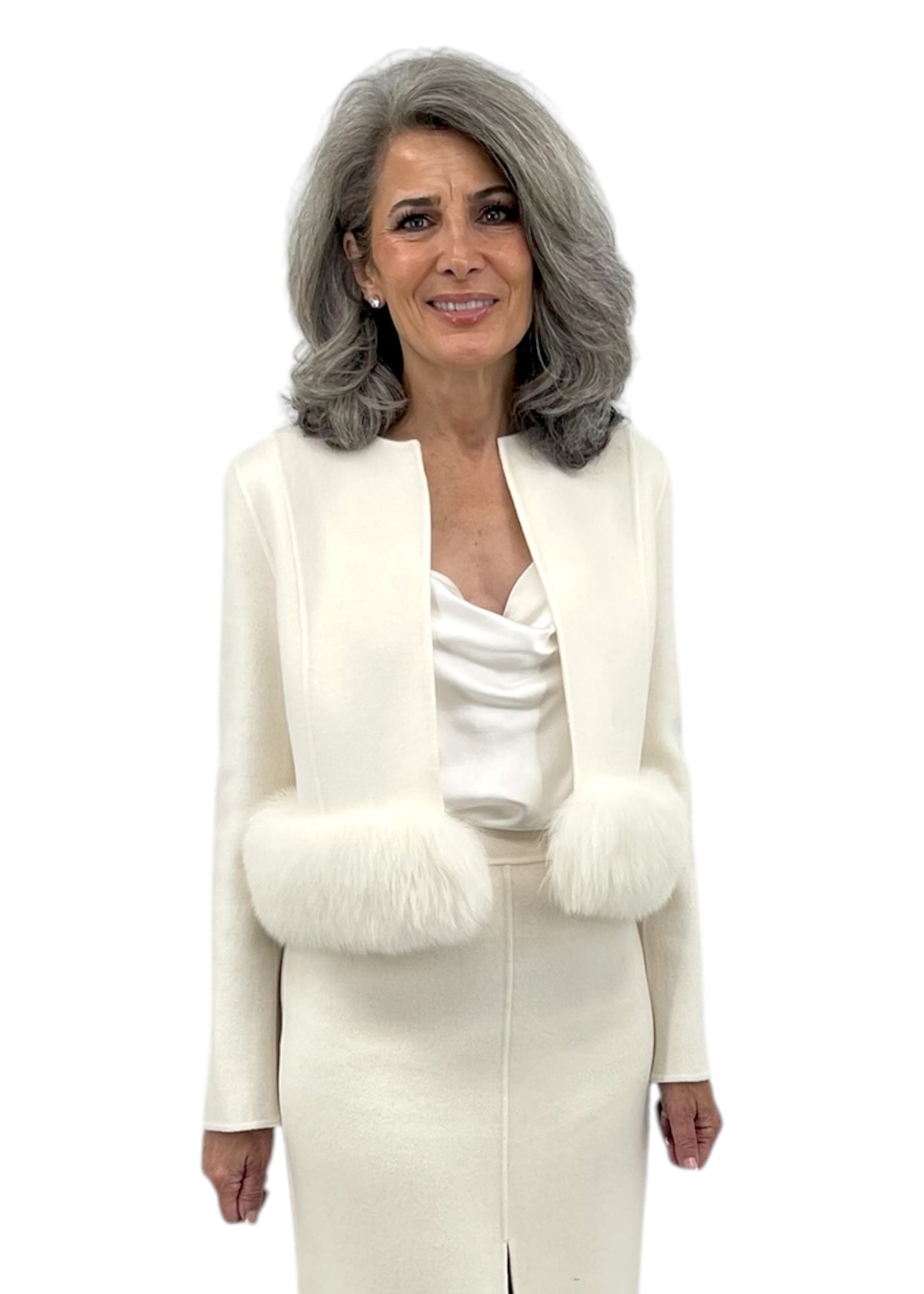 Cropped Wool Jacket with Fur in Ivory