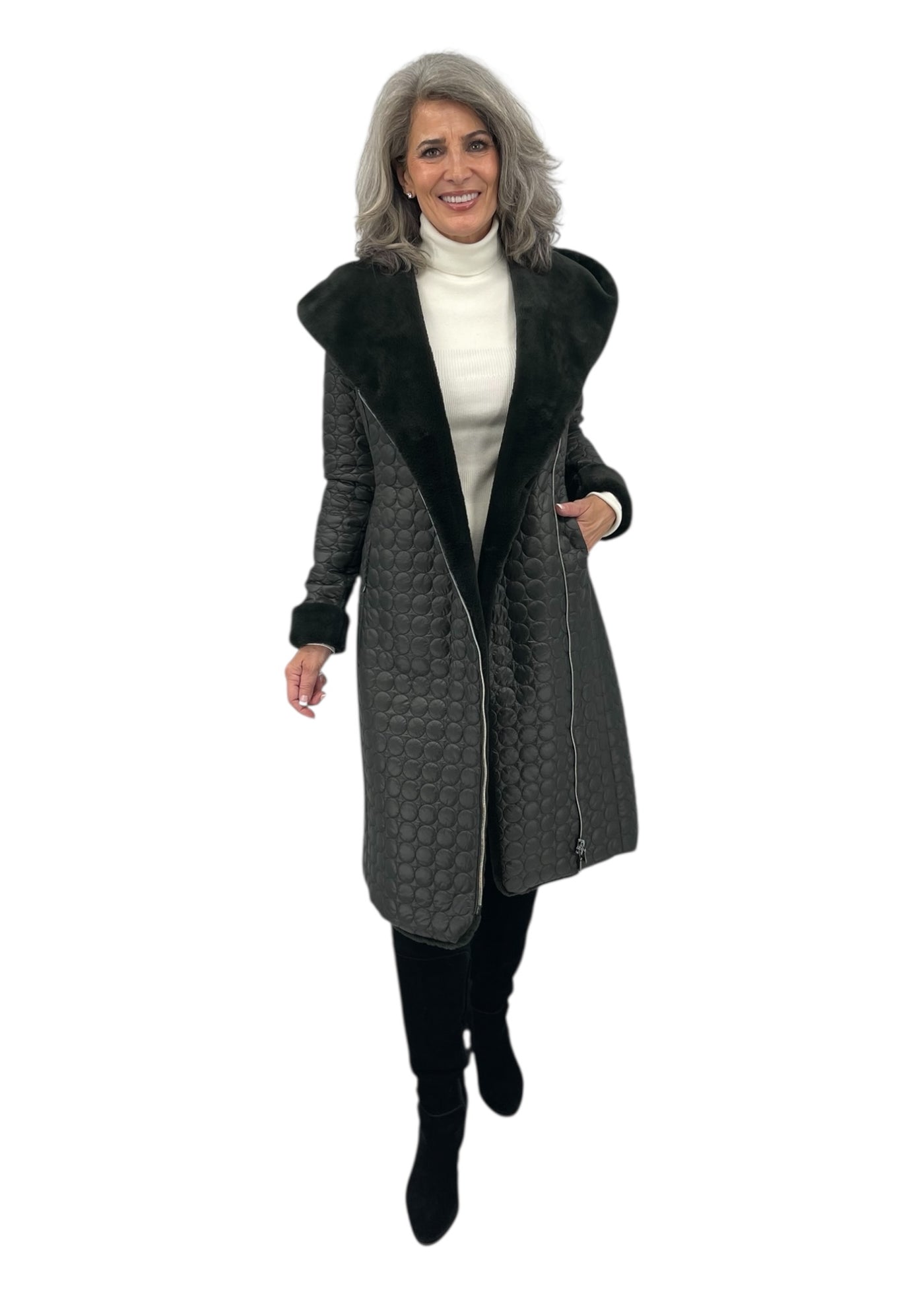 Jade Quilted Coat w/ Fur in Forest Green