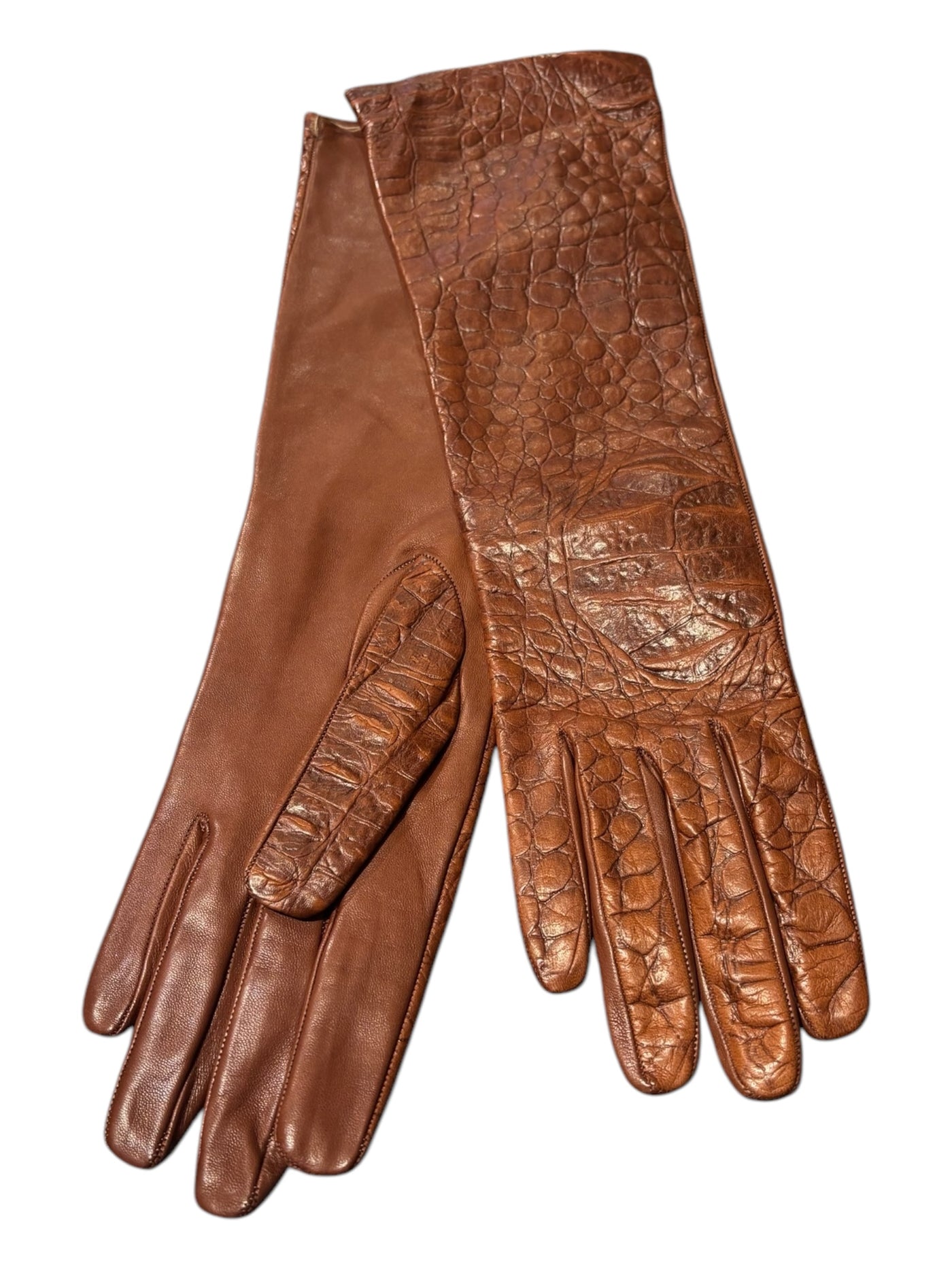 Long Croco Leather Gloves in Brown