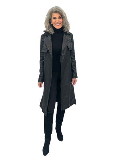 Notch Collar Metallic Suede Trench Coat in Black
