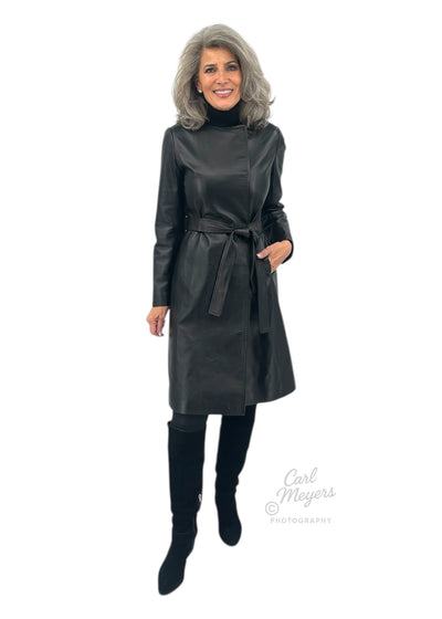 Evelyn Leather Collarless Coat in Black