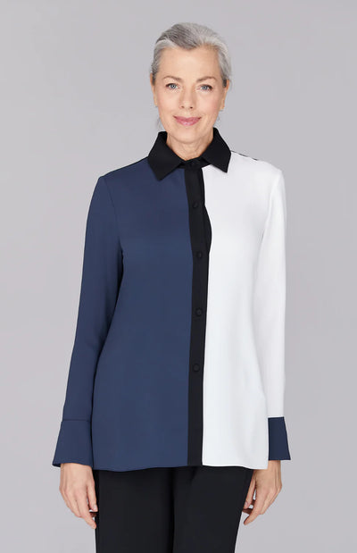 Color Block Lustrous Crepe Back Overlap Shirt in Moonlight