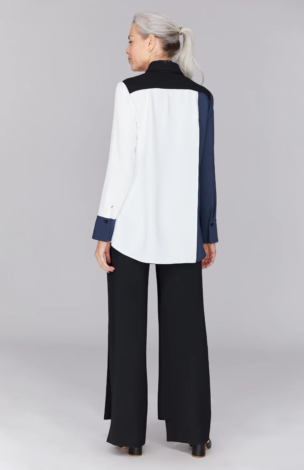 Color Block Lustrous Crepe Back Overlap Shirt in Moonlight