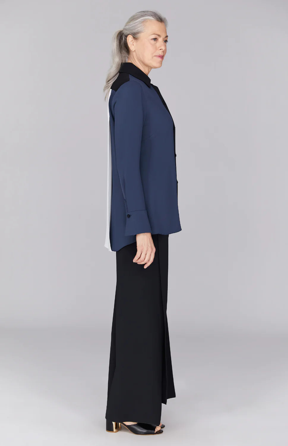 Color Block Lustrous Crepe Back Overlap Shirt in Moonlight