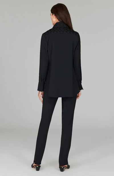 Lattice Smocking Collared Button Down Shirt in Black