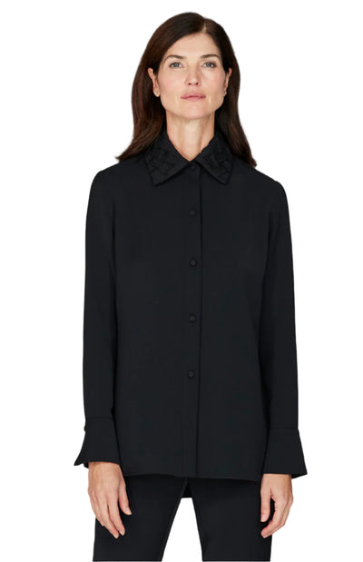 Lattice Smocking Collared Button Down Shirt in Black