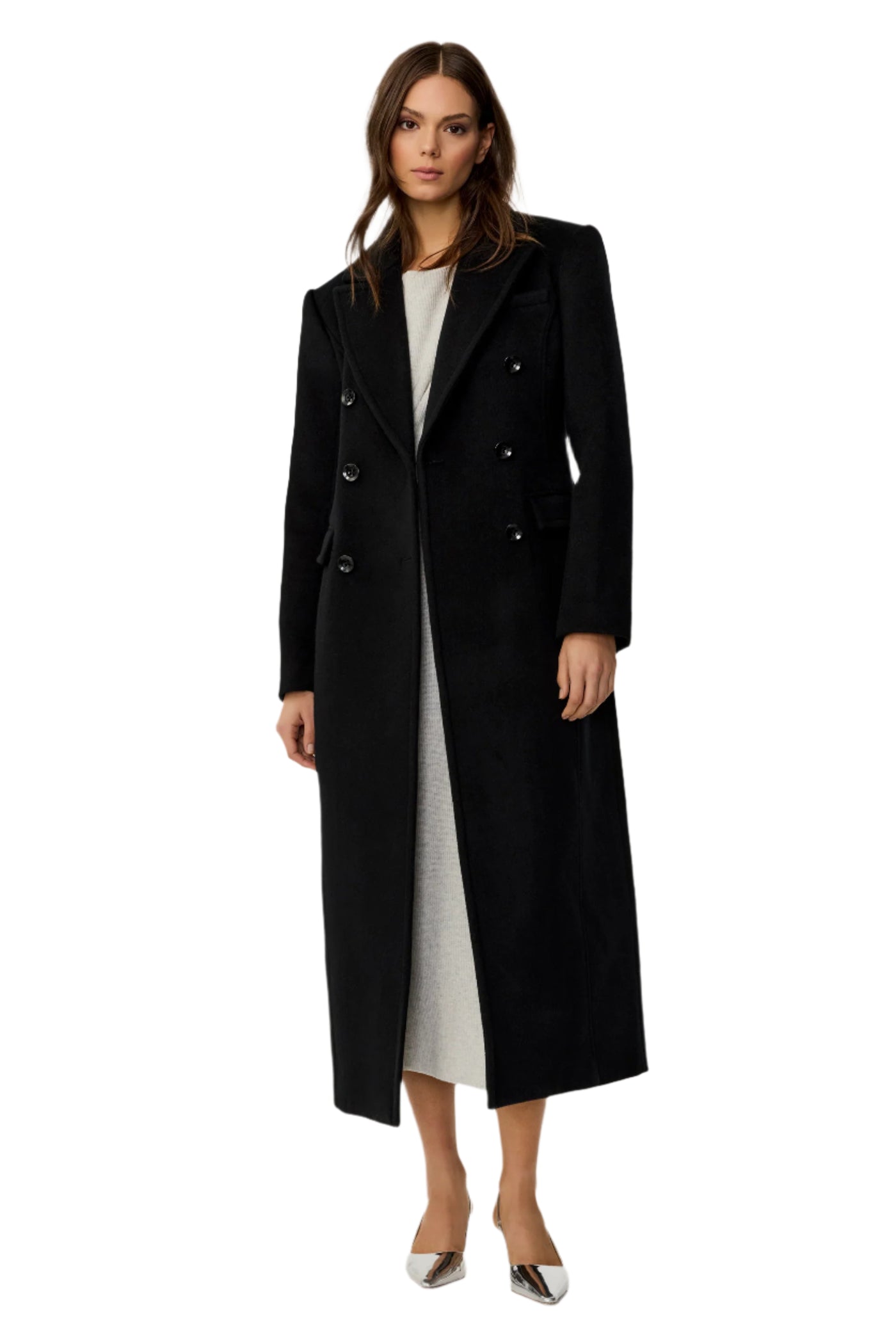 Bria Strong Shoulder Double Breasted Tailored Coat in Jet